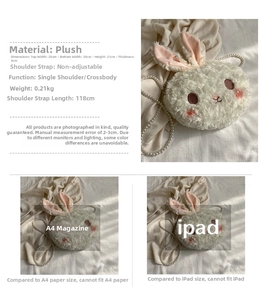 Detail view of plush bunny bag with dimensions 25x21cm and pearl strap specs