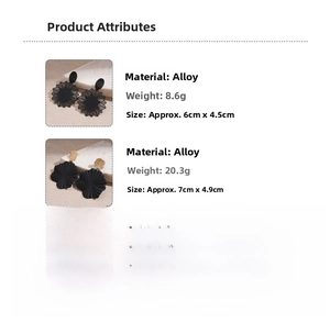 Detail specifications for black geometric flower earrings and gold buckle disc earrings