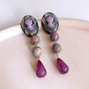 Vintage Cameo drop earrings with resin stones and purple teardrop pendant in French style
