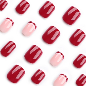 Deep wine red and French tip press-on nails set with glossy short square shape