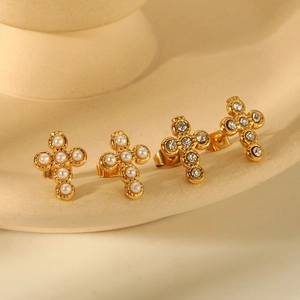 Cross Stud Earrings Stainless Steel 18K Gold Plated Inlaid Artificial Pearl Cubic Zirconia Geometric Fashion Jewelry For Women