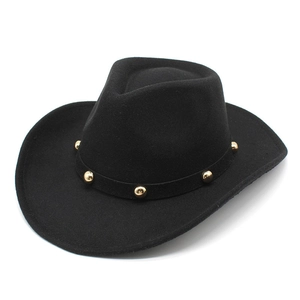 Western Cowboy Hat Wool Felt Wide Brim Jazz Fedora With Gold Rivet Decorative Band And Adjustable Windproof Rope For Men Women