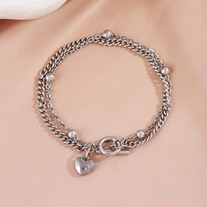 Double-layered stainless steel silver bead bracelet with heart pendant and toggle clasp