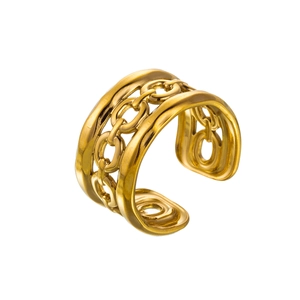 Detailed side view of 18k gold plated stainless steel ring with hollow chain link pattern
