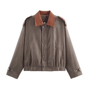 Women Suede Patchwork Jacket Color Block PU Leather Collar Zip Up Casual Streetwear Bomber Outwear Fashion