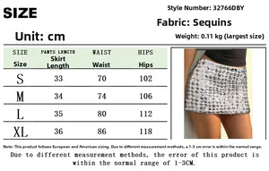Größentabelle für S-XL Pailletten-Minirock in A-Linie mit Taillen- und Hüftmaßen