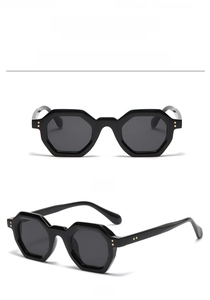 Multiple views of black polygonal sunglasses featuring a modern octagonal frame design