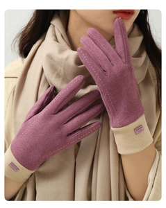 Detail of warm winter gloves for women in mauve suede with fashion wrist labels