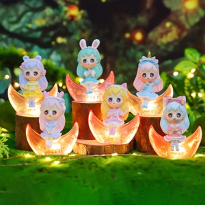 Capybara figurine set with six cute girls sitting on glowing orange resin moons