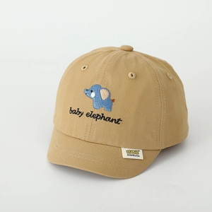 Detail of khaki baby baseball cap with blue elephant embroidery and brand label on brim