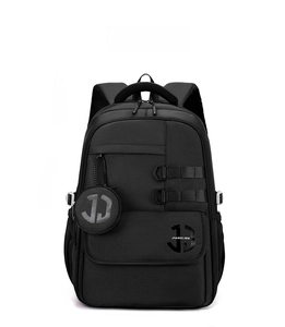 Front view of black minimalist backpack with side circular pouch and zipper pocket