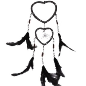 Handmade black heart-shaped dream catcher with feathers and beads for wall or car hanging