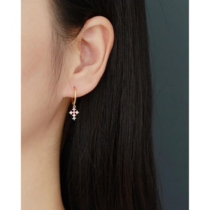 Luxury S925 sterling silver gold hoop earrings with colorful zircon cross charms