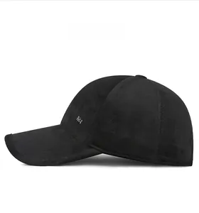 Side view of black baseball cap featuring suede texture and silver metal MR logo