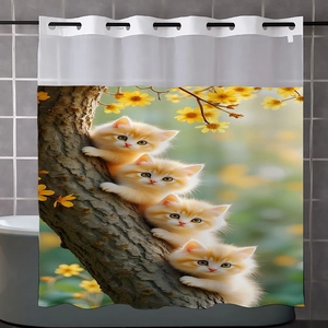 Detail of waffle print shower curtain with cats climbing trees and metal grommets