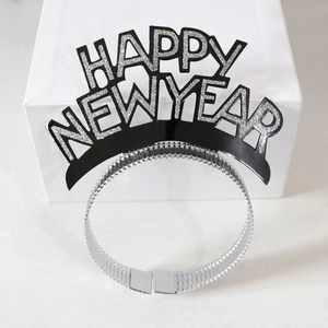 Silver glitter Happy New Year headband with black base for 2025 party decorations