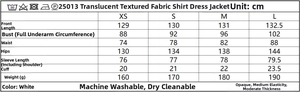 Detailed sizing chart for V-neck sheer texture shirt dress with measurements in cm