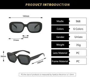 Detailed size chart for retro square sunglasses with frame dimensions and lens specifications