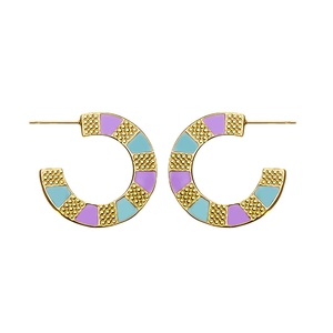 Detail of C-shaped gold earrings with purple and light blue enamel inlays and granules