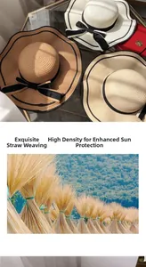 Detailed view of high-density straw weave and wide-brim sun hats with ribbons