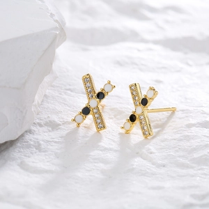 Minimalist 18K gold plated X-shaped earrings with enamel and zircon on white stone