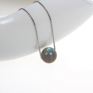 Silver S925 necklace featuring a round labradorite pendant with blue sheen on a box chain