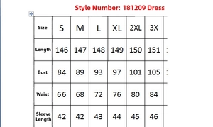 Tableau des tailles pour robe plissée à manches longues pour femmes, de S à 3XL