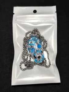 Detailed shot of a gothic silver skull pendant with blue lightning inlay in a plastic bag