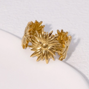 Minimalist adjustable stainless steel sunflower ring with golden metallic finish