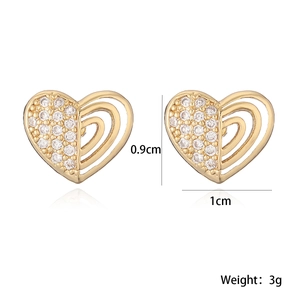 Gold plated hollow heart stud earrings with white zircon, dimensions 0.9cm by 1cm
