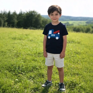T-Shirt À Manches Courtes Pour Garçons Coton Broderie Camion Dessin Animé Col Rond Respirant Été Décontracté Enfants Top