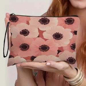 Women Floral Linen Makeup Bag Zippered Travel Toiletry Pouch Cosmetic Organizer With Wrist Strap Portable