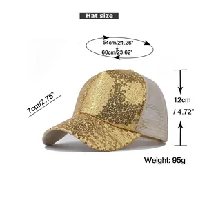 Size specifications chart for sequin mesh cap showing brim length and head circumference