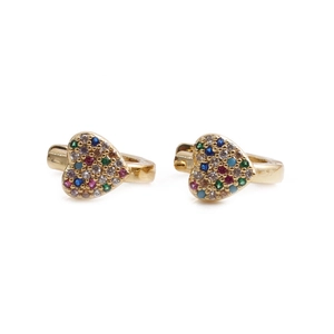Golden heart earrings with colorful zircon micro-paving on a clean white background
