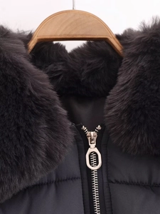Détail du col en fausse fourrure noire amovible et zip métallique sur manteau matelassé