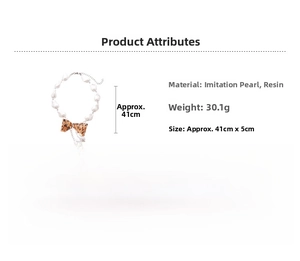 Detailed view of resin pearl necklace with leopard print bow pendant and specifications