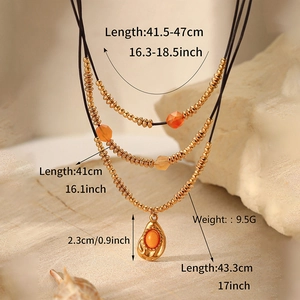 Detailed size chart for bohemian triple layer gold plated necklace with orange stone