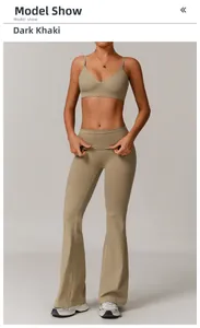 Detail of dark khaki yoga set with V-neck sports bra and high-waist flared leggings
