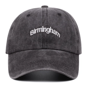 Vintage washed dark grey cotton baseball cap with Birmingham embroidery and curved brim