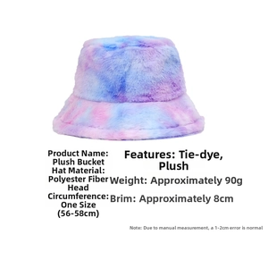 Detailed view of tie-dye plush bucket hat material with size parameters and specifications