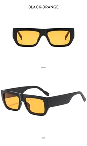 Front and side views of trendy black rectangular sunglasses with vibrant orange lenses