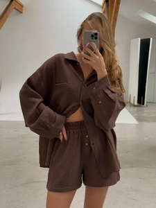Two-piece dark brown casual set with oversized long sleeve shirt and matching shorts