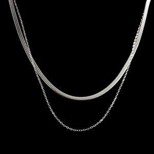 Double layer silver stainless steel flat blade and cross chain necklace for women