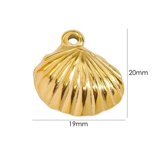 Macro detail of gold-plated seashell pendant with 19mm by 20mm dimension markings