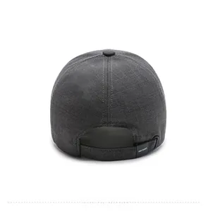 Detail view of charcoal gray baseball cap back with adjustable black buckle strap