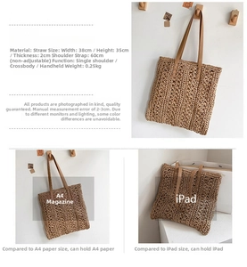 Detailed view of woven straw tote bag with brown leather straps and dimensions 38x35x2cm