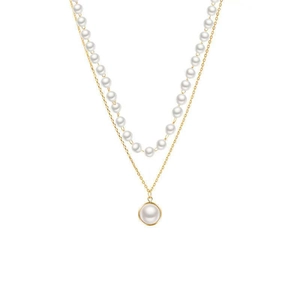 Detail showing double-layer gold chain necklace with white pearls and round pendant