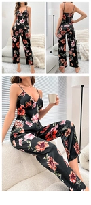 Detail view of floral print satin pajama set featuring V-neck camisole and wide-leg trousers