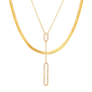 Layered 18K gold plated titanium steel necklaces with hollow rectangle zircon pendants
