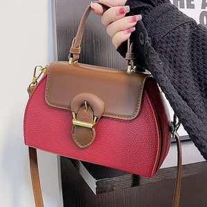Chic two-tone handbag in burgundy litchi grain and brown leather with gold buckle
